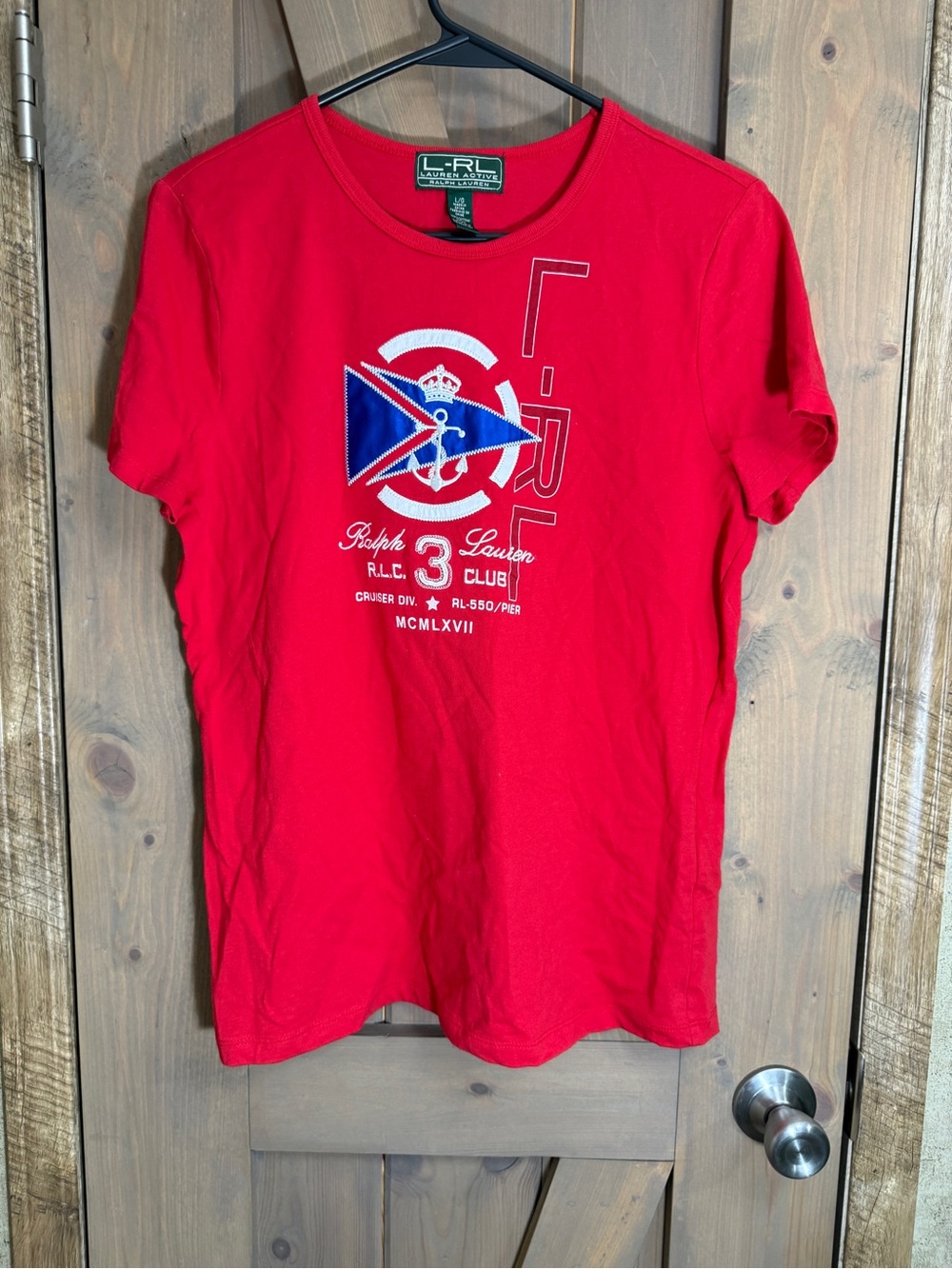 Ralph Lauren Red Short Sleeve Graphic Tee with Blue & White Logo